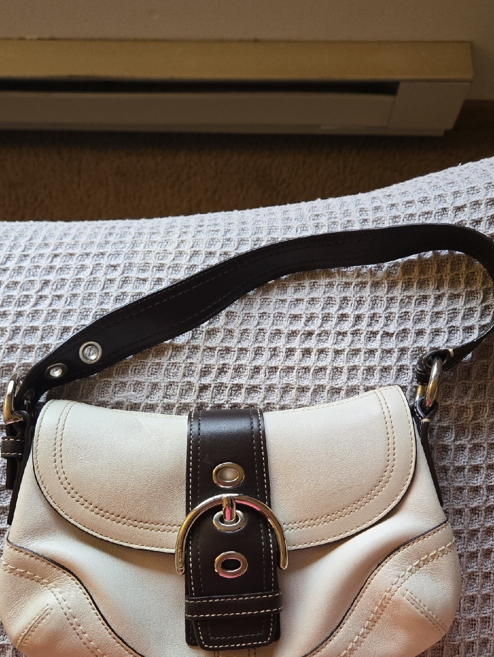 Coach Cream Shoulder Bag with Dark Brown Trim and Gold Hardware